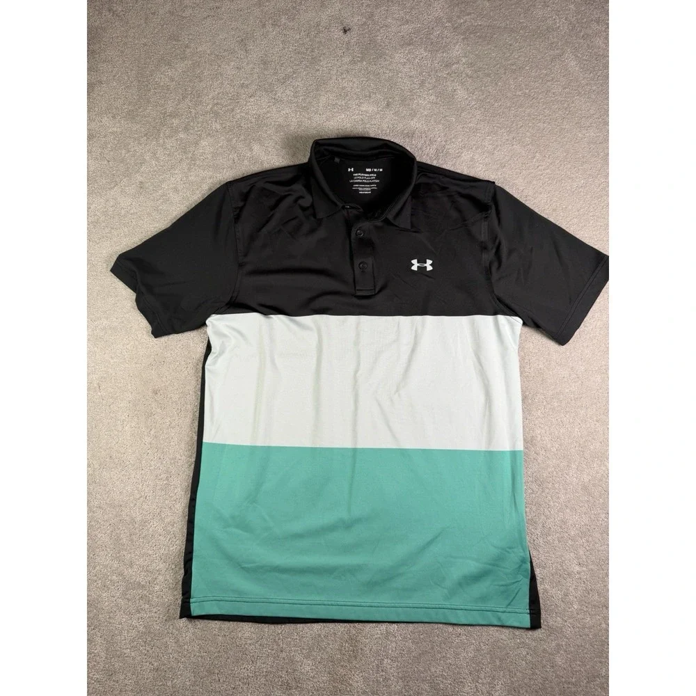 Under Armour Playoff Polo Men M Black Green Colorblock Loose HeatGear Golf Shirt